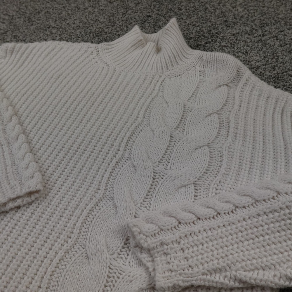 Calvin Klein Sweater Womens M White Chunky Aran‎ Cable Knit Fisherman Pullover